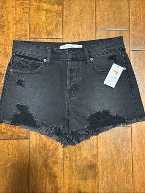 Hidden Denim Kenzie Button Fly Black Distressed Frayed High Rise Shorts Sm NWT